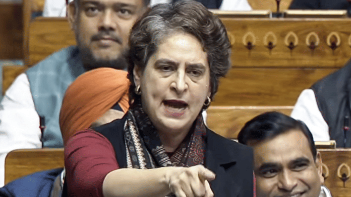Congress MP Priyanka Gandhi speaks in Lok Sabha Monday. | Sansad TV/ANI video grab