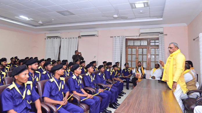 SBSP chief O.P. Rajbhar addressing Rashtriya Suheldev Sena (RSS) volunteers at an event in Mau. | By special arrangement