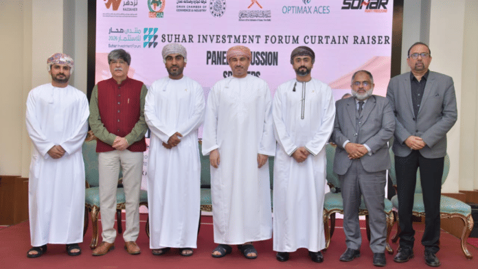 Oman’s ambassador to India Issa Al Shibani (centre) with experts and delegates at Suhar Investment Forum 2026 curtain-raiser in New Delhi Wednesday | Embassy of Oman