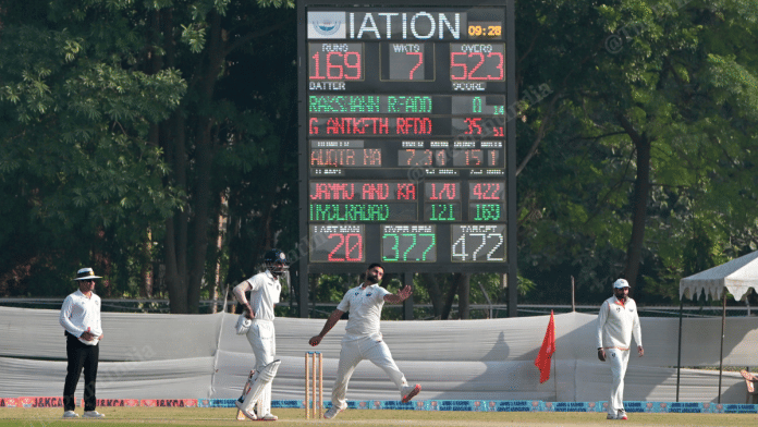 Cricketers in action during a Ranji Trophy match at the cricket ground Jammu | Suraj Singh Bisht | ThePrint