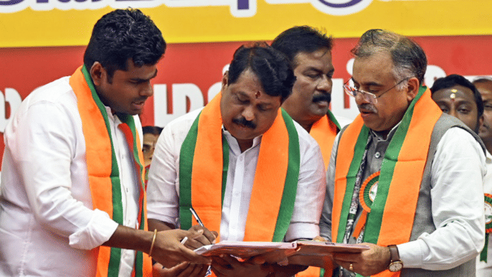 K. Annamalai (left) was succeeded by Nainar Nagendran (centre) as BJP Tamil Nadu president in April | ANI File