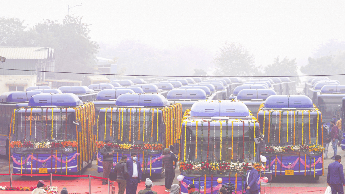 File photo of low-floor AC CNG buses ready to join the fleet of Delhi's public transport | X/@ArvindKejriwal