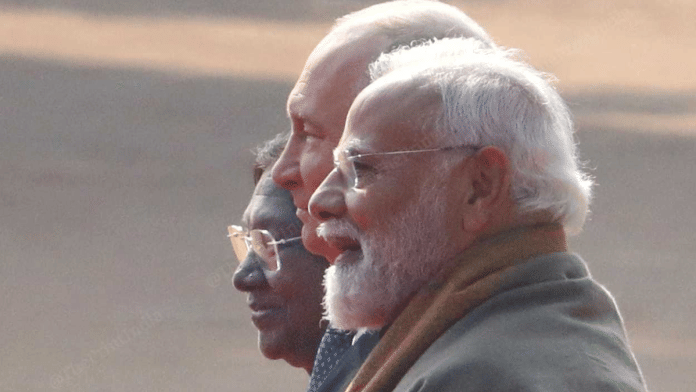 President Droupadi Murmu, Russia President Vladimir Putin & PM Narendra Modi at the Rashtrapati Bhavan on Friday | Praveen Jain | ThePrint