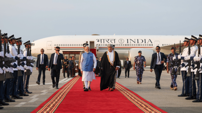 PM Narendra Modi after he landed in Muscat, where he was received by Oman’s deputy PM for defence affairs Sayyid Shihab bin Tariq | X/@narendramodi