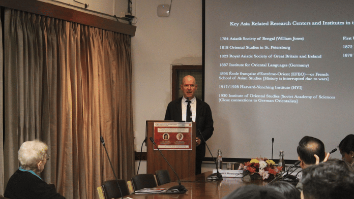 Harvard-Yenching Institute director James Robson speaking at event. | Debdutta Chakraborty/ThePrint