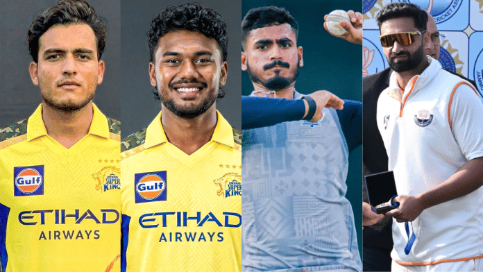 (L-R) Prashant Veer and Kartik Sharma have been bought by CSK, while Naman Tiwari went to the LSG and Auqib Dar to Delhi Capitals. | X/@ChennaiIPL, @LucknowIPL and Suraj Singh Bisht/ThePrint