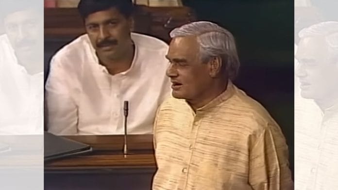 With Pramod Mahajan seated behind him, then PM Atal Bihari Vajpayee addresses Lok Sabha during motion of confidence against his government on 27 May 1996 | YouTube/BJP