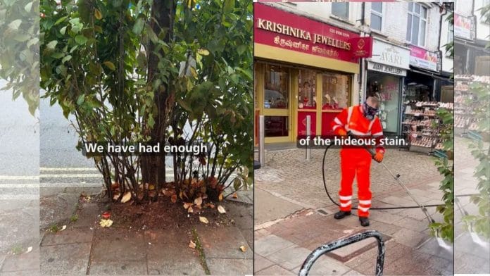 Screenshots of paan stains and an employee carrying out a clean up, from a video posted by the Brent Council | Source: X/@Brent_Council