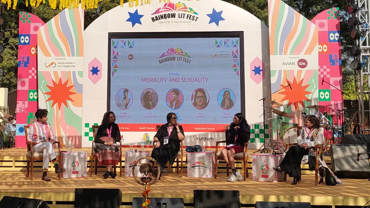 Anish Gawande, Vani Viswanathan, Jaya Sharma, Sindhu Rajasekaran, and Prachi Gangwani at the panel discussion titled 'Morality and Sexuality'