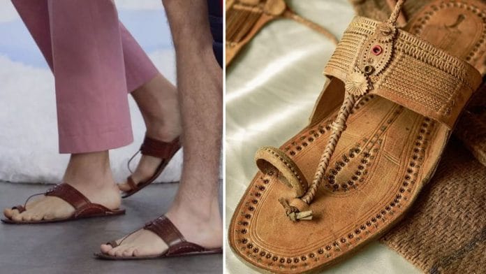 A photo of Kolhapuri chappals in Prada's SS26 menswear collection and a photo of Moje Puda Kapshi, the Kolhapuri variation Prada will launch in February 2026
