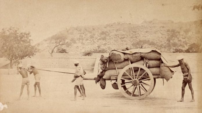 Grain cart drawn by hired labourers during the 1876-1878 famine in Madras, Tamil Nadu | Photo by WW Hooper | Courtesy: Royal Geographical Society (with IBG)