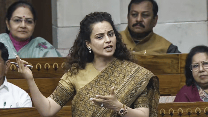BJP MP Kangana Ranaut, speaks in Lok Sabha during the winter session of the Parliament, in New Delhi on Wednesday | ANI