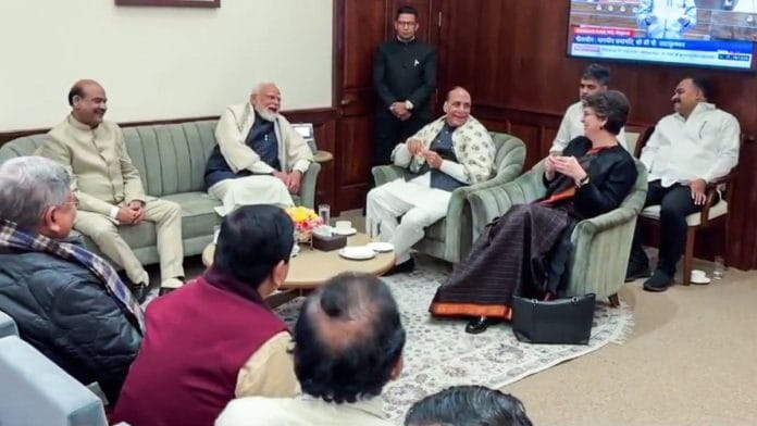 Prime Minister Narendra Modi, Defence Minister Rajnath Singh, Congress MP Priyanka Gandhi attend a tea party hosted by Lok Sabha speaker Om Birla as the Winter Session of Parliament concludes, Friday | ANI video grab