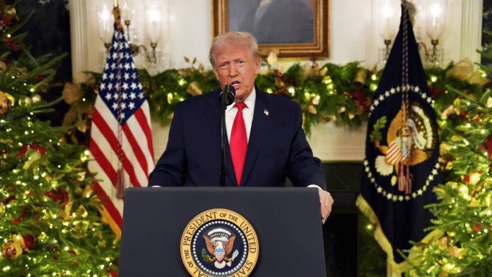 U.S. President Donald Trump delivers an address to the nation from the Diplomatic Reception Room of the White House in Washington, D.C., U.S., December 17, 2025 | Reuters
